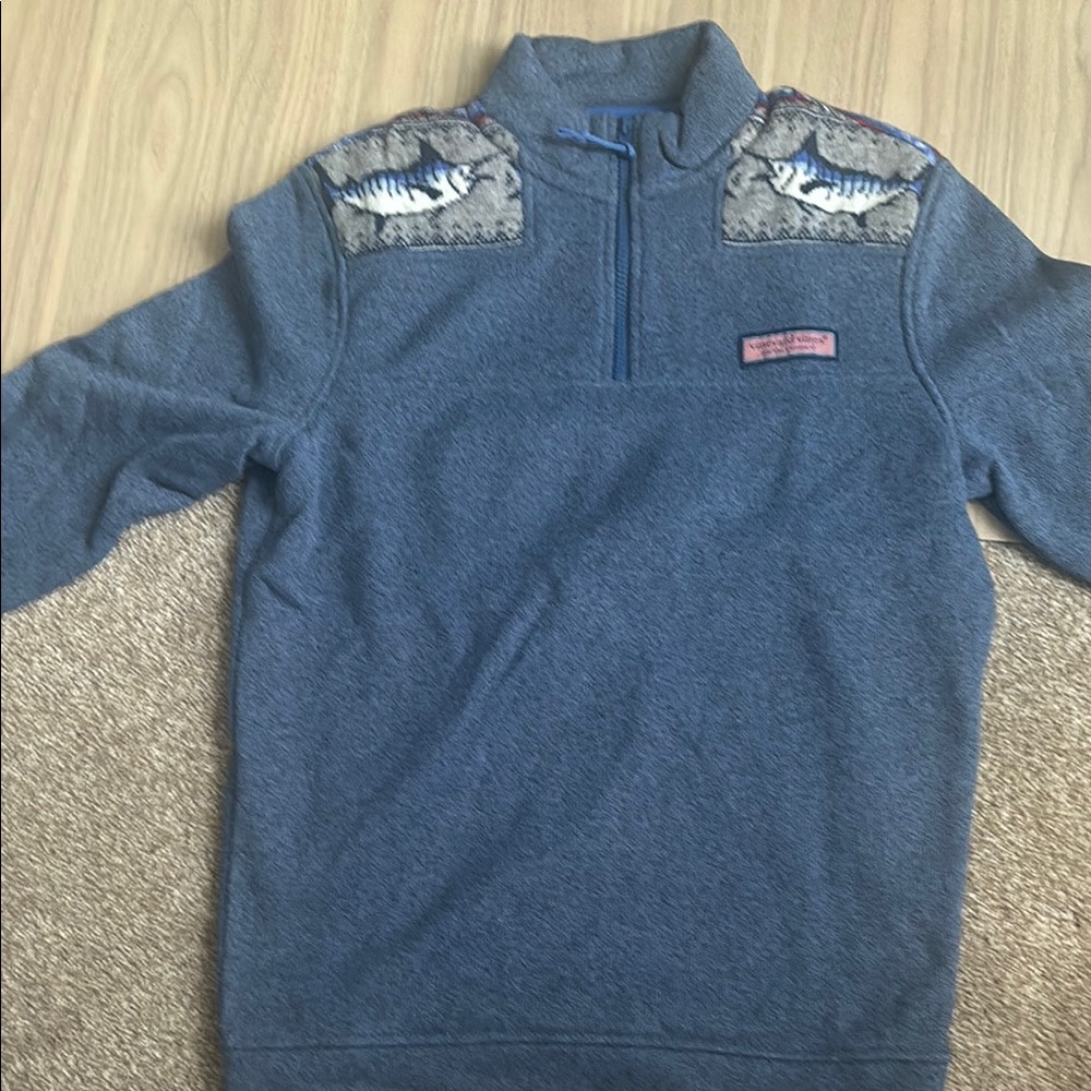 Vineyard Vines Men’s Blue Zip Up Sweater with Fish Embroidery